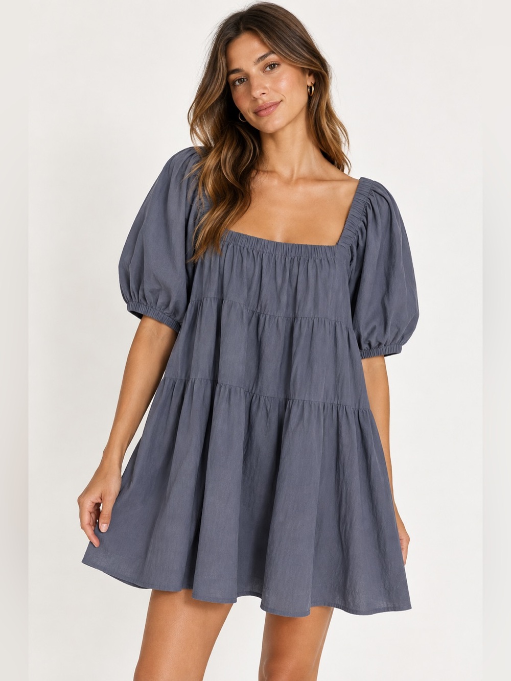 Mustard Seed Blue Gray Cotton Puff Sleeve Tiered Babydoll Mini Dress L Cottage